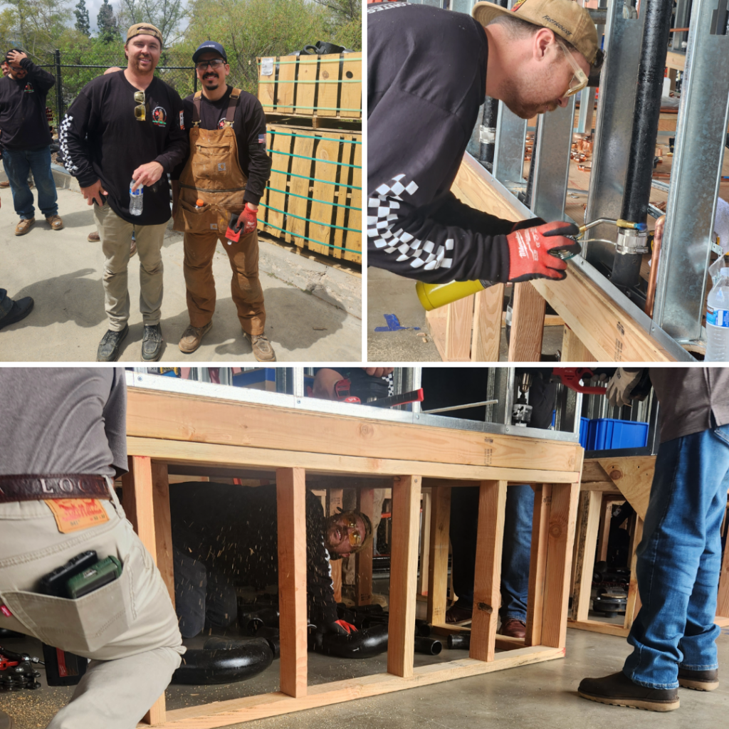 Top left:  3rd Year Apprentice Zach Spano of UA Local 364 and fellow Murray Company participant, Daniel Verdesto are happy with their 3rd and 5th place finish respectively. Zach is show here demonstrating his ability to sweat copper pipe and layout sub terranean sewer piping (while competition support teams drill penetrations based on his design)